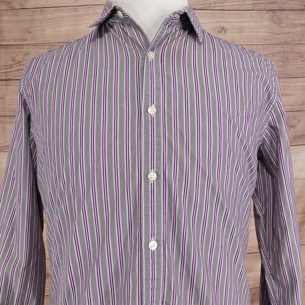 Claiborne Shirt Large Gray Purple Stripe Long Sleeve Button Up Slim Fit 80s 2ply